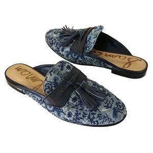 Sam Edelman Paris 2 Blue Floral Embroidered Smoking Flats Mules Tassels Boho